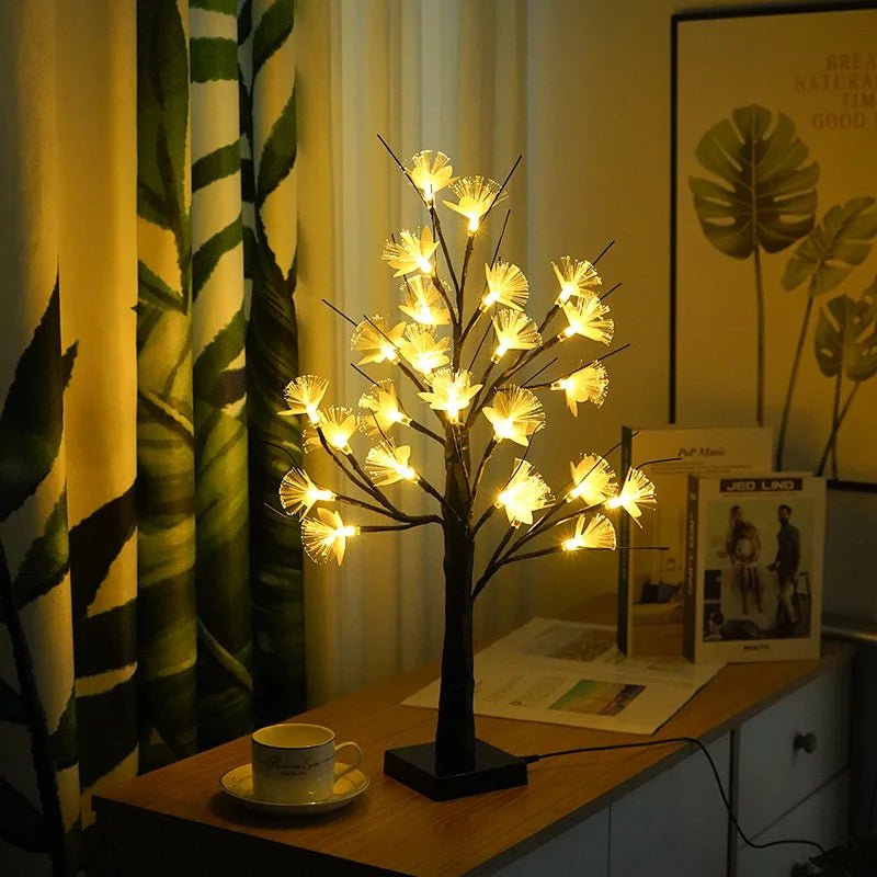 BloomAura – Vit blomträdslampa med varmvit belysning och USB/batteridrift