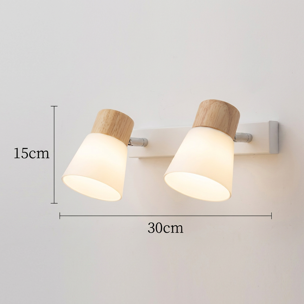 Skandinavisk vägglampa i trä och glas för spegel