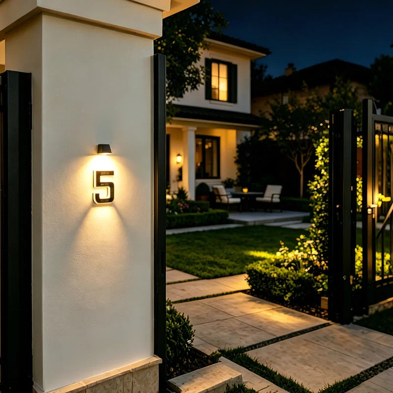 Solcellsdriven LED-husnummerlampa för fasad