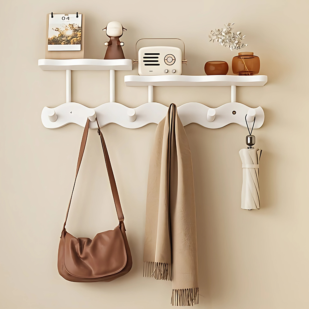 WallEase Hyll­kapprad – Väggmonterad Trähängare med Förvaringshylla