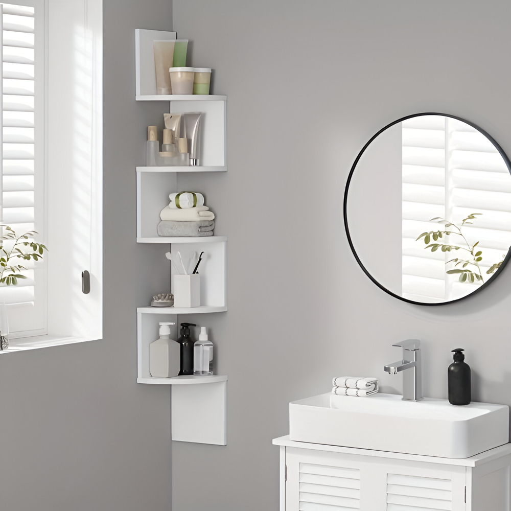 CornerRise – Elegant 5-Stegs Hörnhylla i Rustikt Trä