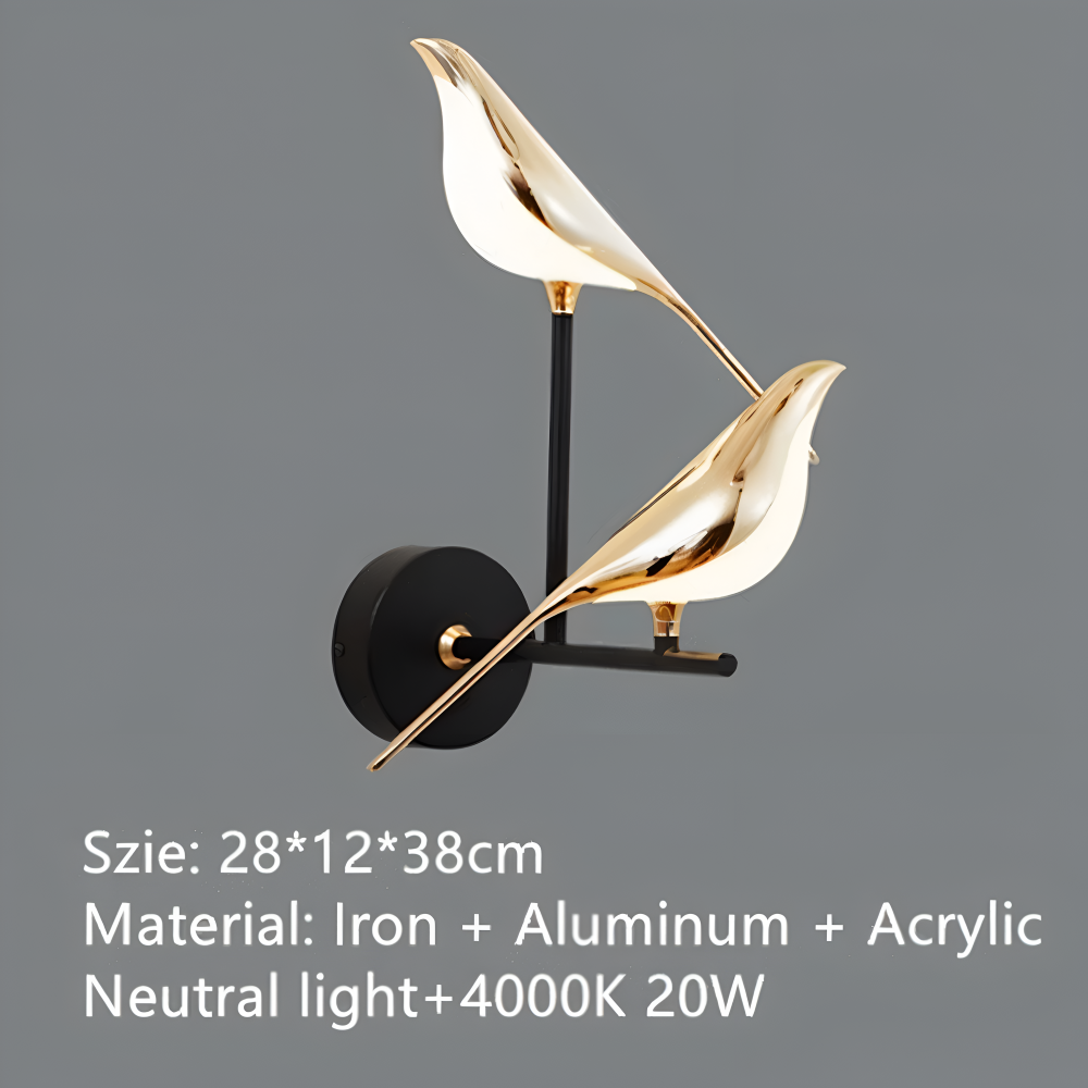 Aves Glow – Guld Vägglampa med Roterande Fågeldesign och LED-belysning