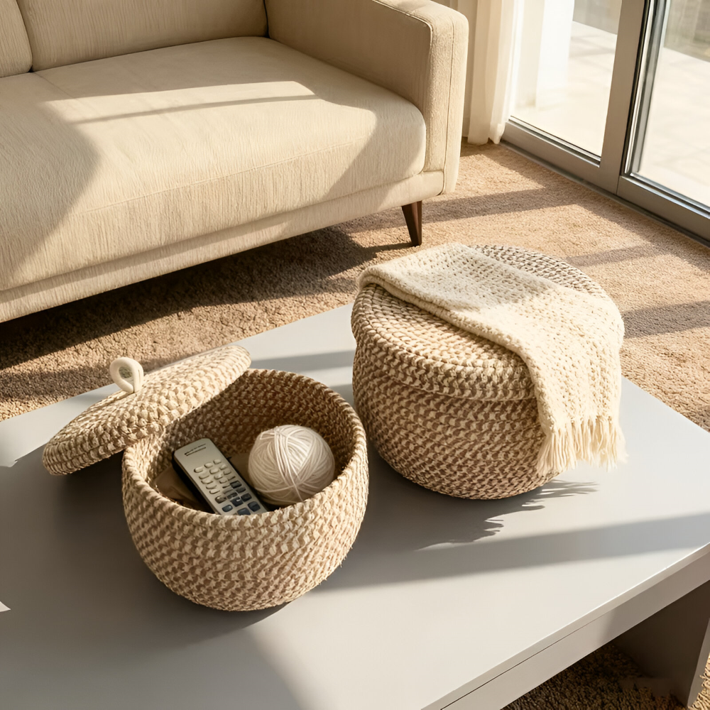 BohoNest – Rund Förvaringskorg med Lock i Jute & Bomull