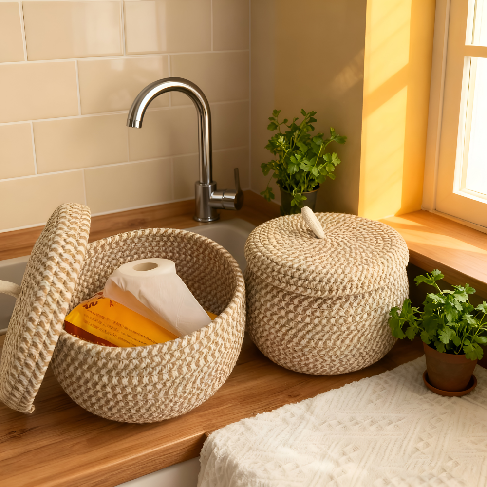 BohoNest – Rund Förvaringskorg med Lock i Jute & Bomull