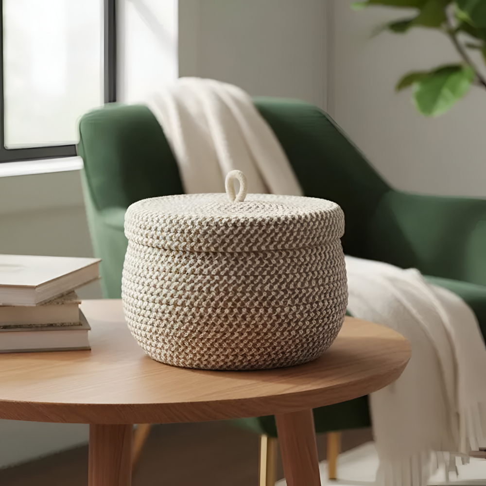 BohoNest – Rund Förvaringskorg med Lock i Jute & Bomull