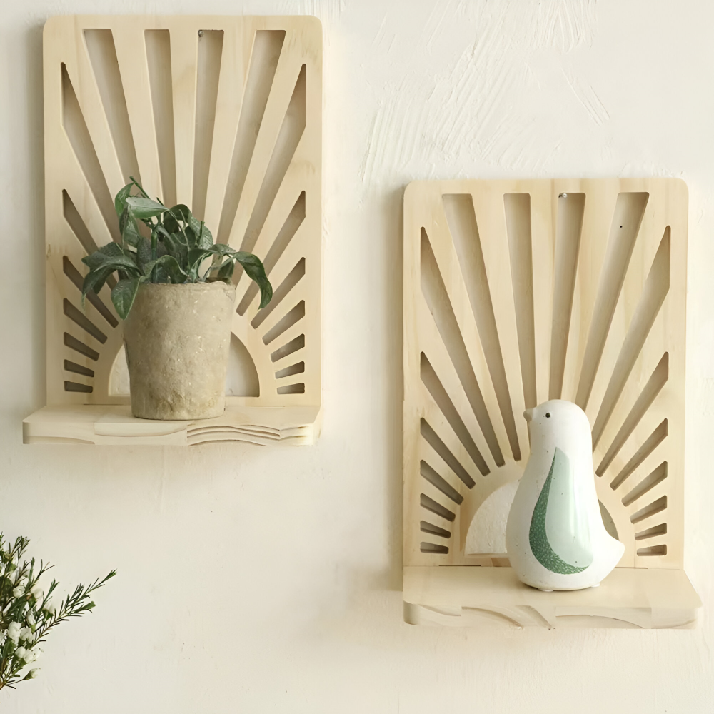 SunBeam Shelf – Boho Solstråleformad Trähylla för Växter & Dekor