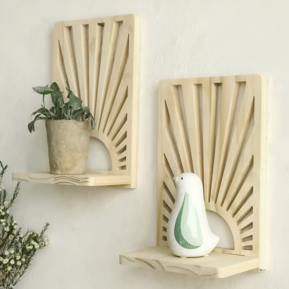 SunBeam Shelf – Boho Solstråleformad Trähylla för Växter & Dekor