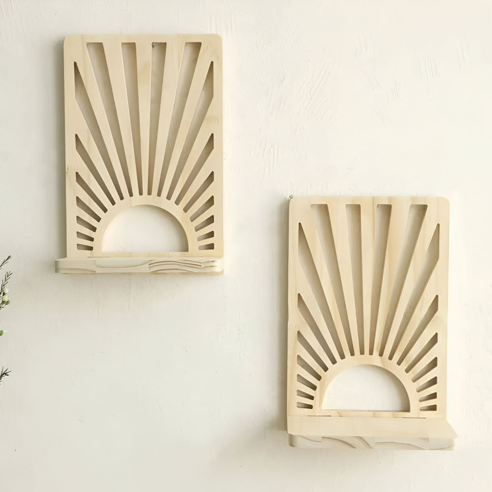 SunBeam Shelf – Boho Solstråleformad Trähylla för Växter & Dekor