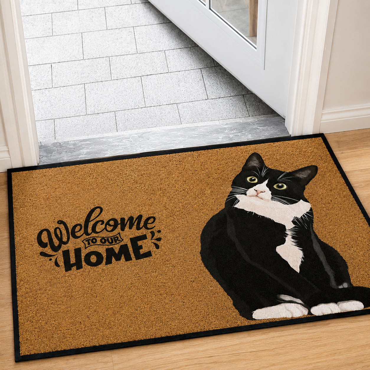 Kattmönstrad Dörrmatta – Fläckbeständig Flanellmatta med Halkskydd (30×50 / 40×60 cm)