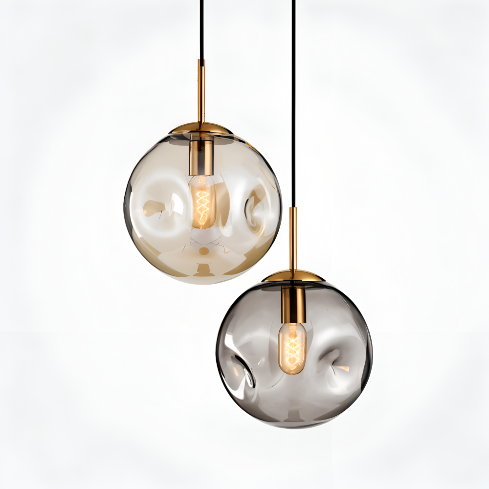 AmberGleam – Vintage Pendellampa i Champagnegrått Glas & Krom
