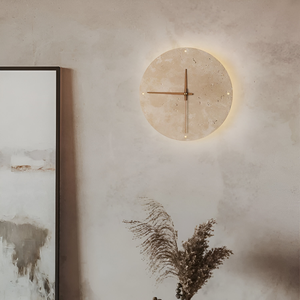 LumiTravé Halo – Modern Rund LED-Vägglampa i Trä & Gul Travertin