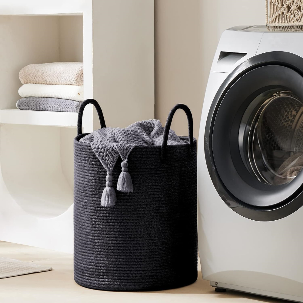 Flätad Tvättkorg i Bomull – Hopfällbar Förvaringskorg 58L med Handtag