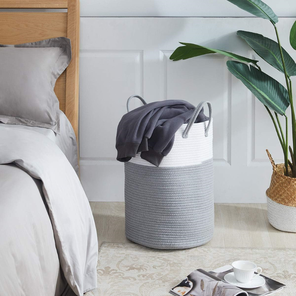 Flätad Tvättkorg i Bomull – Hopfällbar Förvaringskorg 58L med Handtag