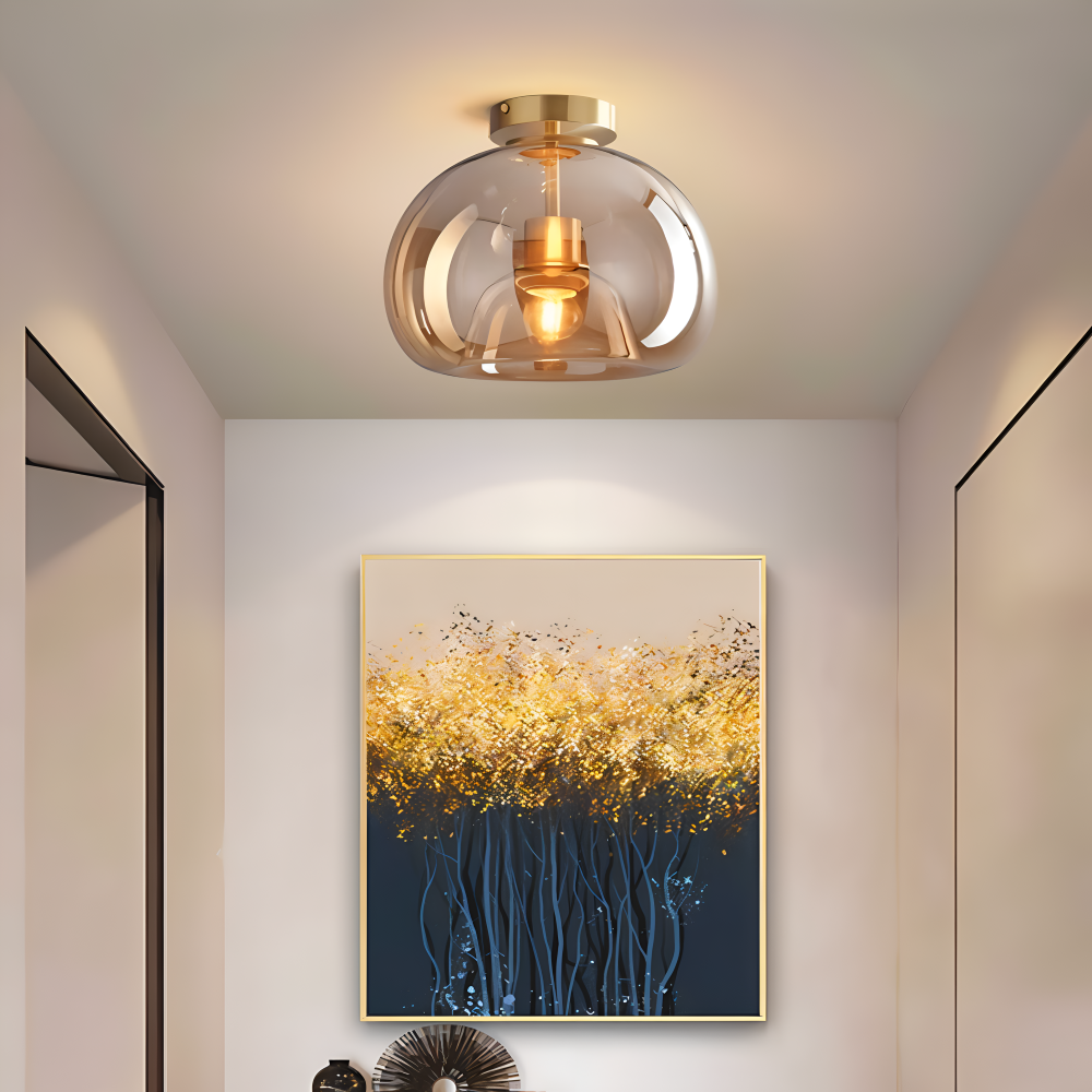 LumoSphere – Modern LED Taklampa i Glas med Svart & Guld Finish