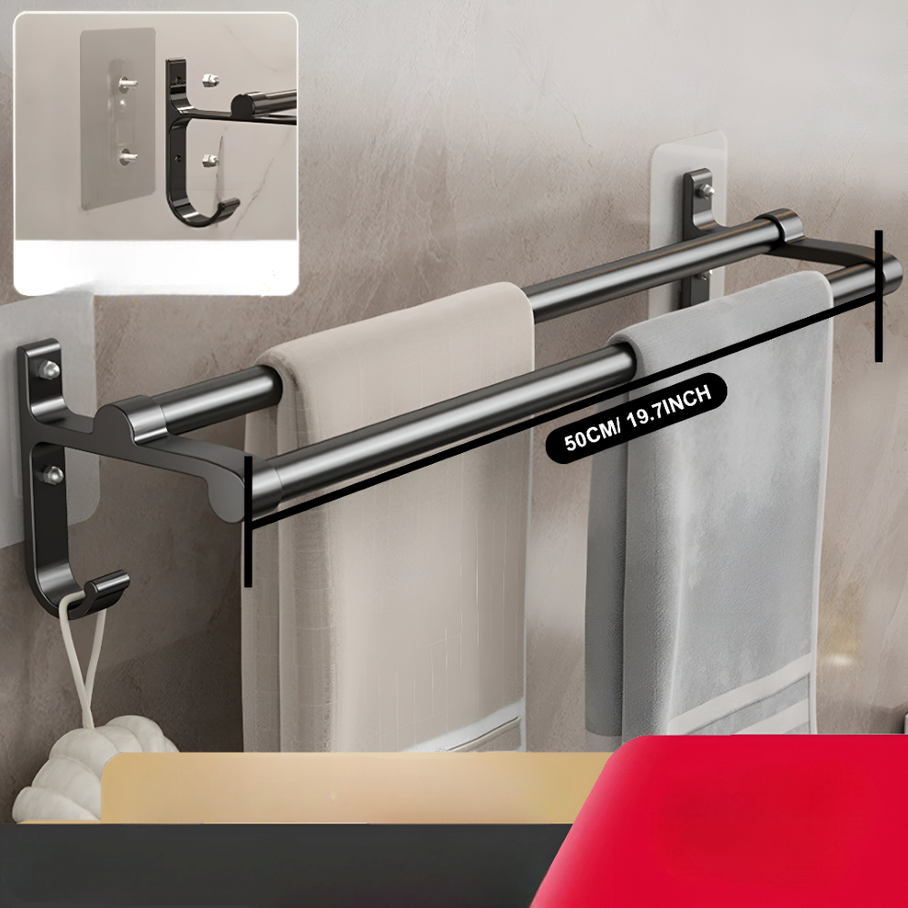 AeroTwin – Dubbel Handdukshållare i Rostfri Aluminium med Krokar (40/50 cm)