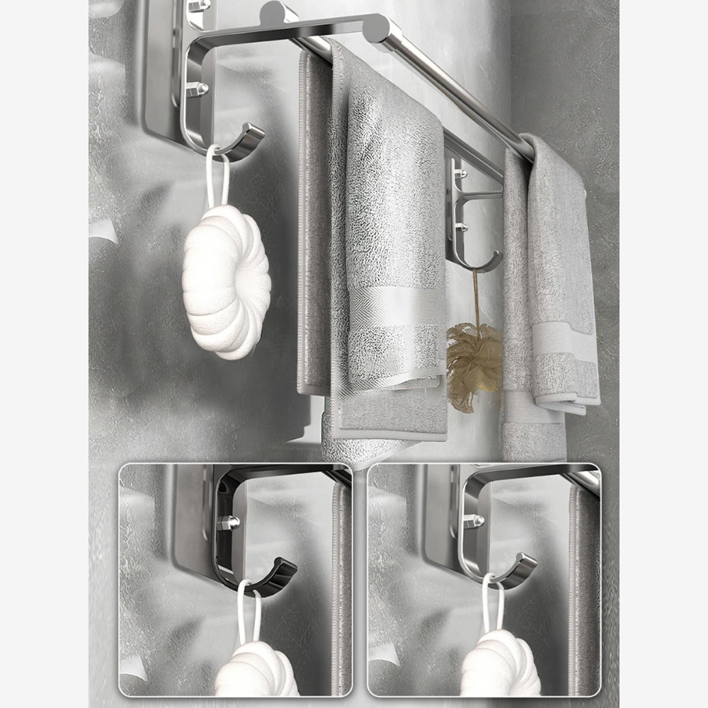 AeroTwin – Dubbel Handdukshållare i Rostfri Aluminium med Krokar (40/50 cm)