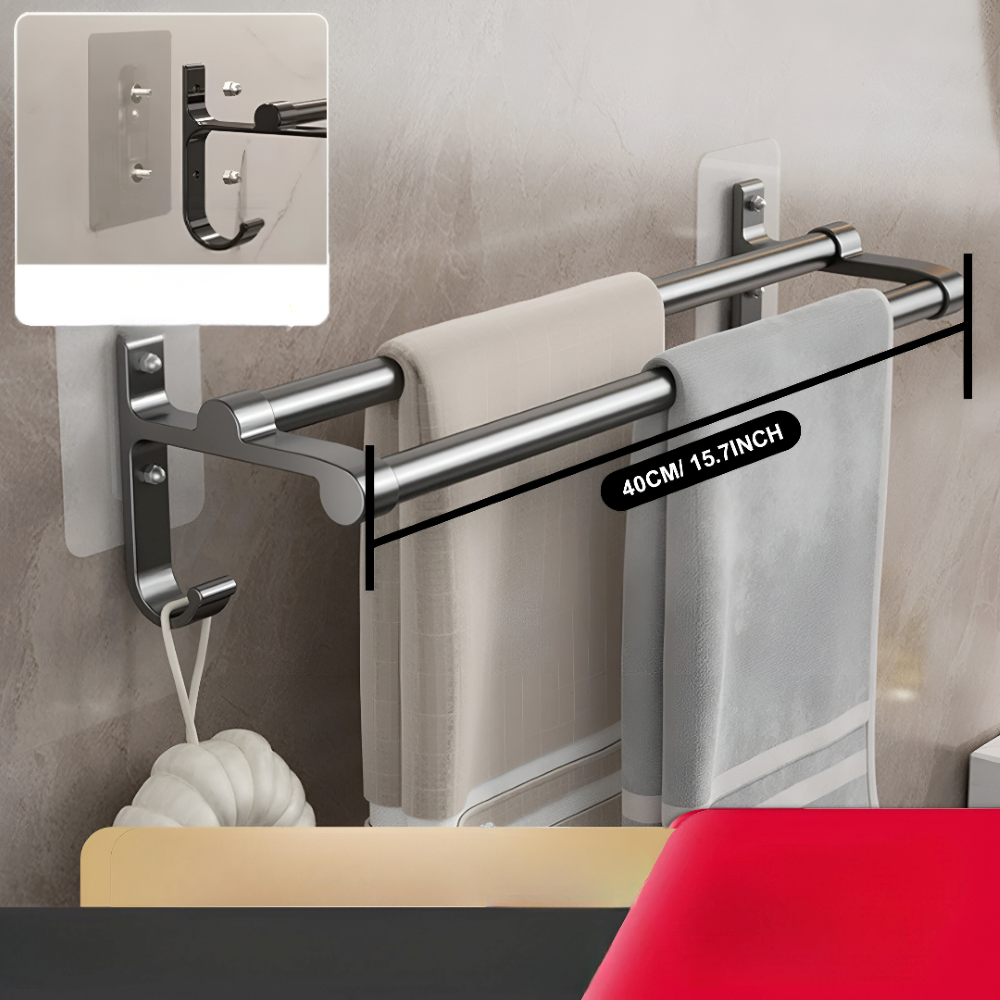 AeroTwin – Dubbel Handdukshållare i Rostfri Aluminium med Krokar (40/50 cm)