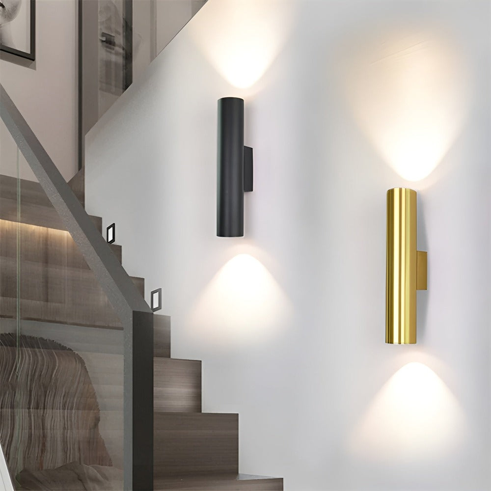 AluBeam – Dubbelt Huvud Vägglampa | Guld Cylinder Vägglampa med Upp- och Nedljus