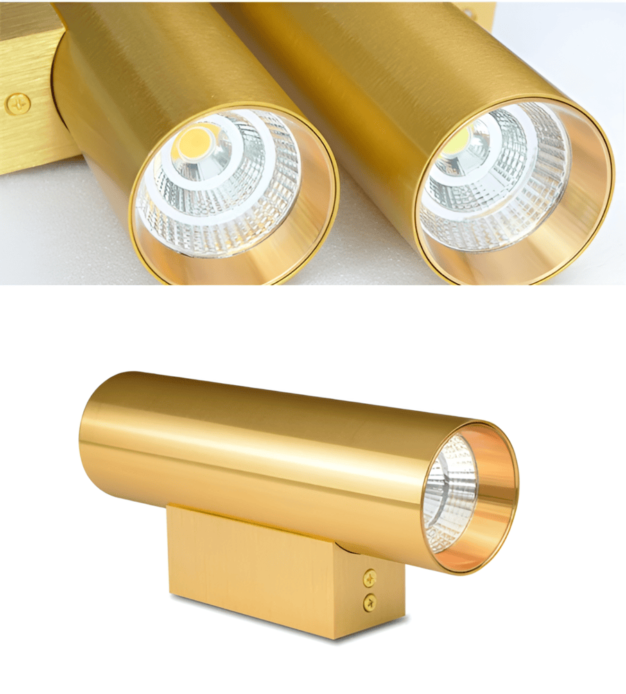 AluBeam – Dubbelt Huvud Vägglampa | Guld Cylinder Vägglampa med Upp- och Nedljus