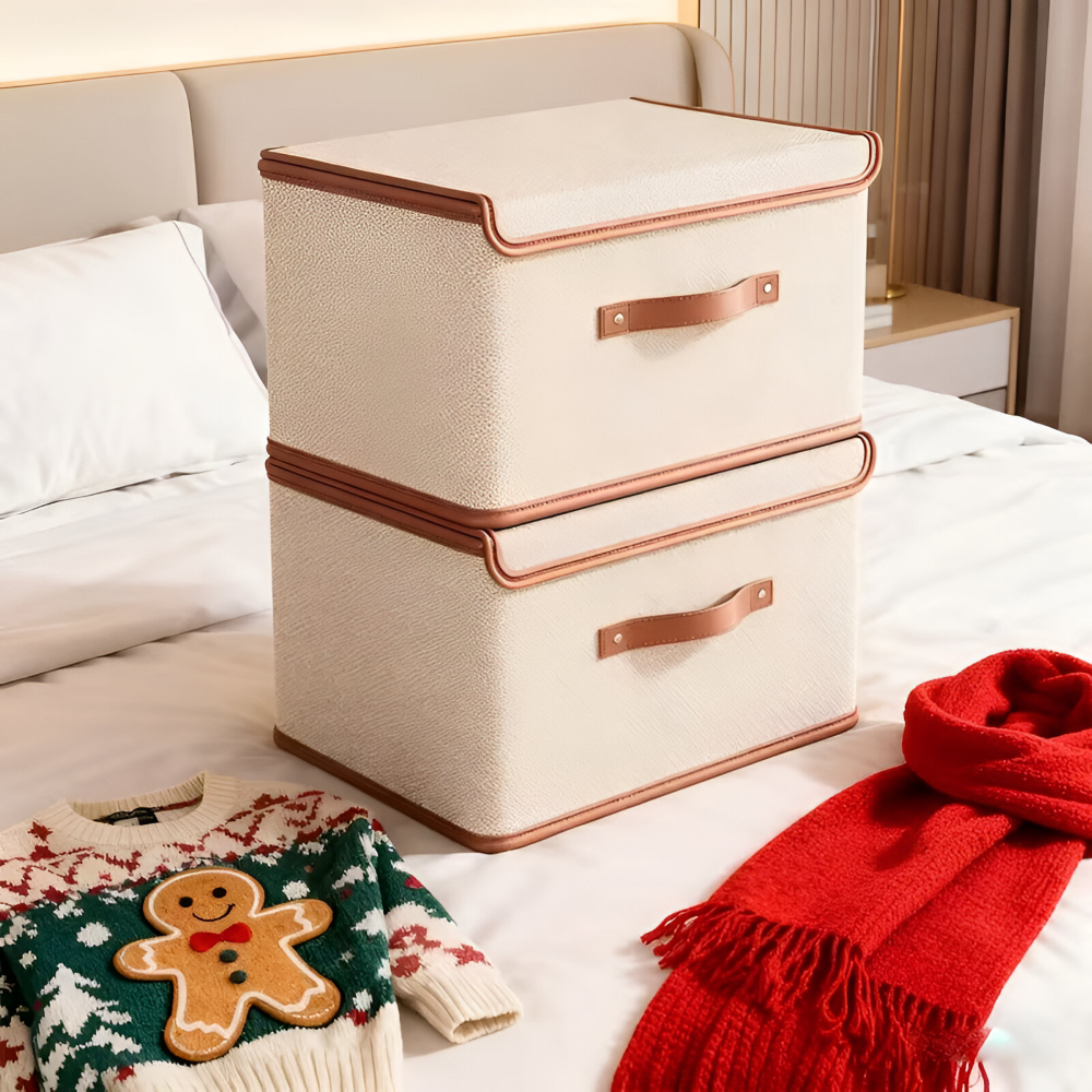 Foldora – Fällbar Förvaringslåda med Lock & Läderhandtag i Oxford-tyg