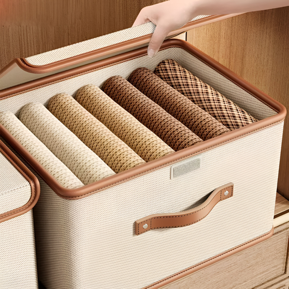 Foldora – Fällbar Förvaringslåda med Lock & Läderhandtag i Oxford-tyg