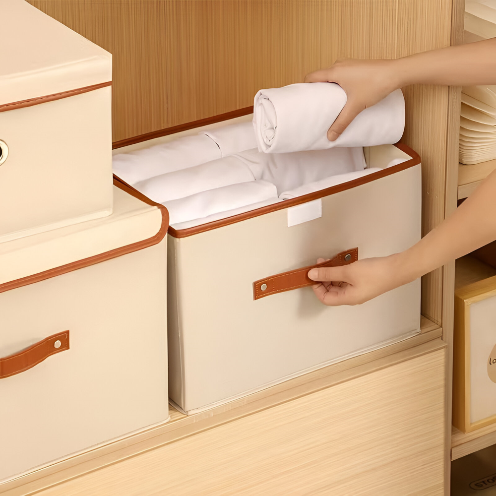 Foldora – Fällbar Förvaringslåda med Lock & Läderhandtag i Oxford-tyg