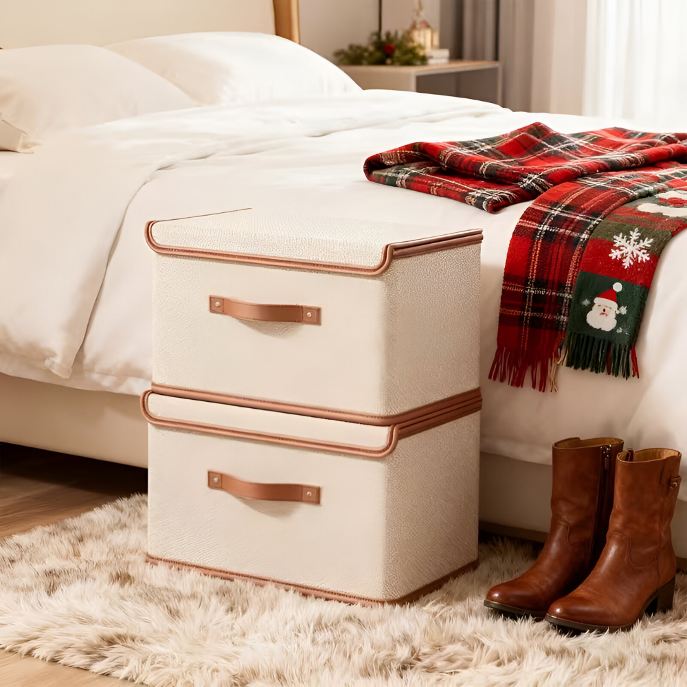 Foldora – Fällbar Förvaringslåda med Lock & Läderhandtag i Oxford-tyg