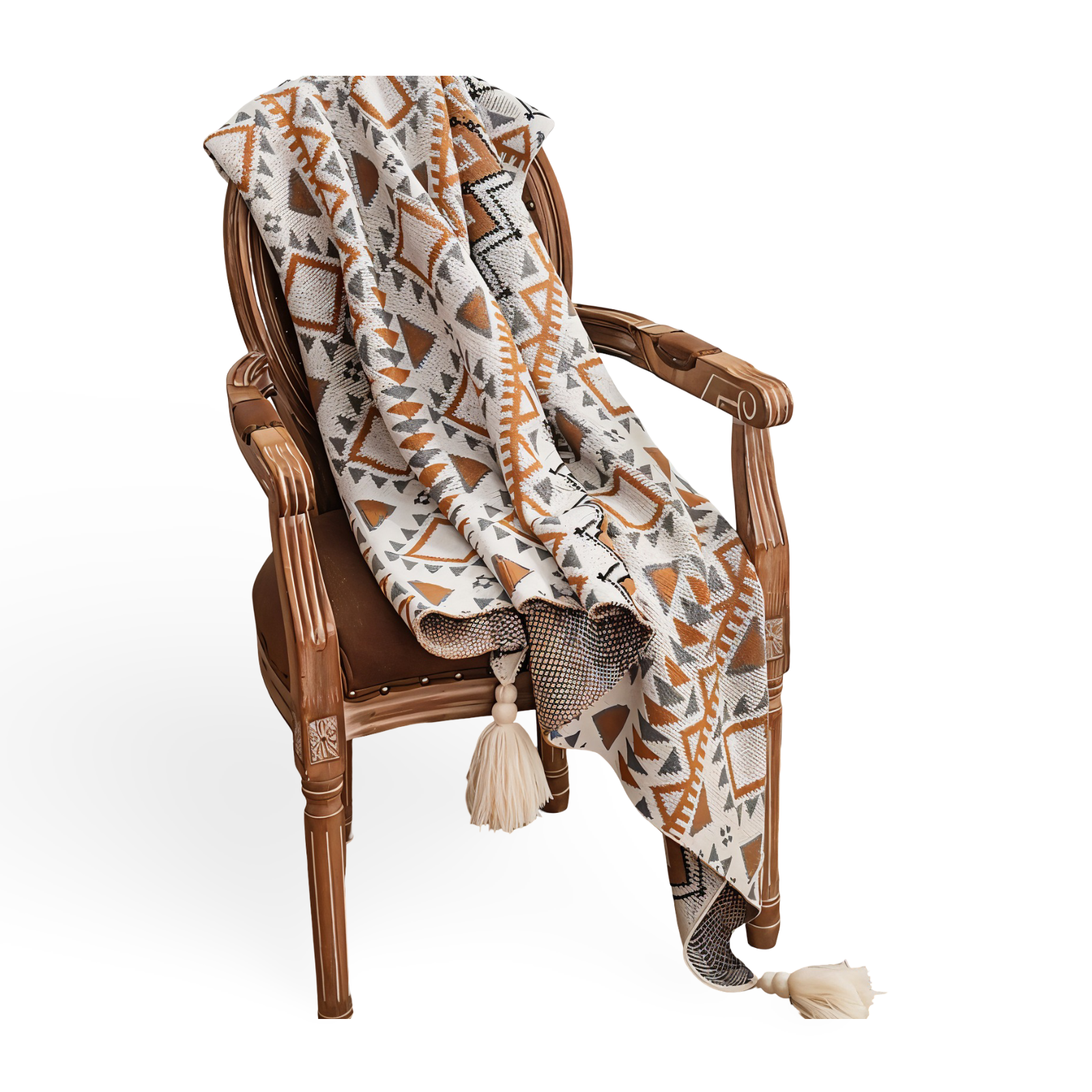 WeaveAura – Boho Pläd med Geometriskt Mönster & Tofsar