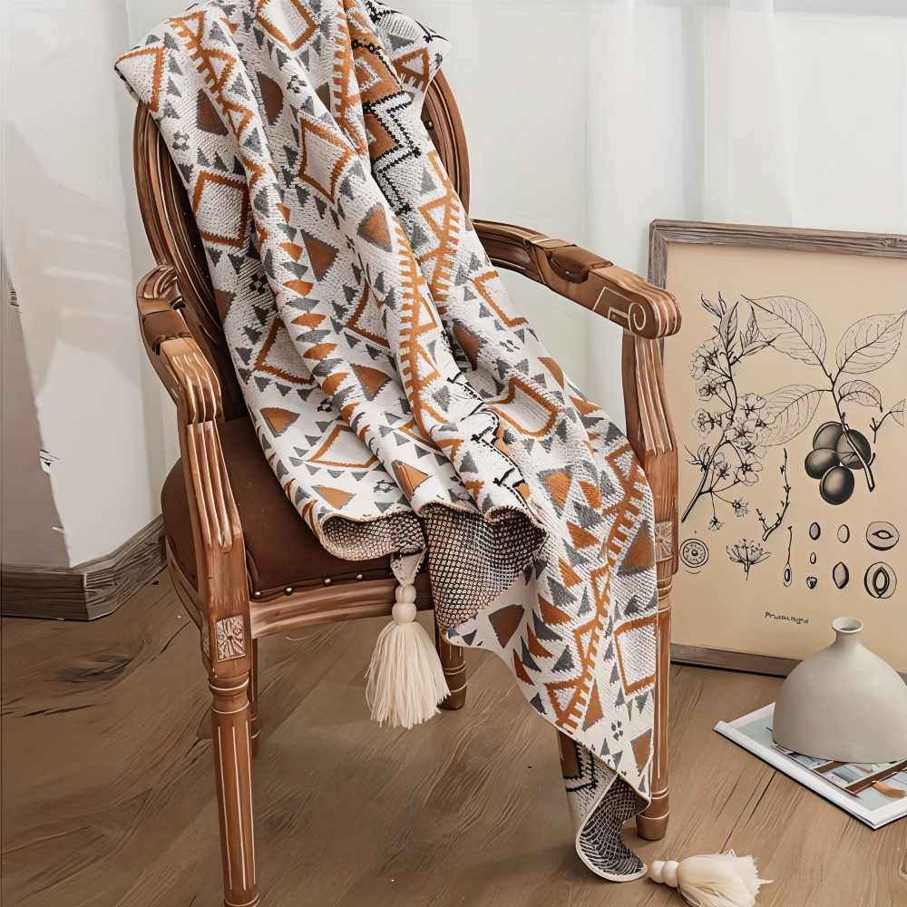 WeaveAura – Boho Pläd med Geometriskt Mönster & Tofsar