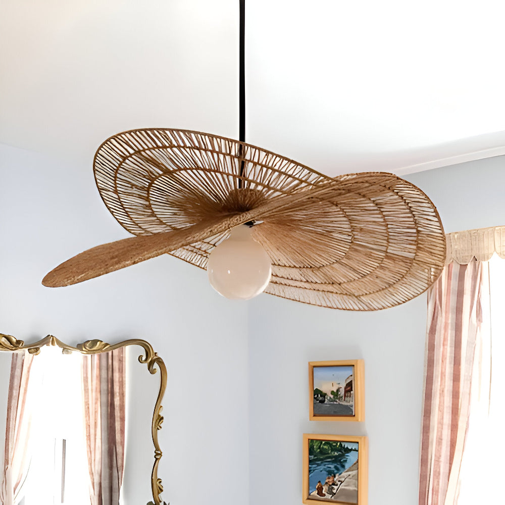 Vintage Rattan Pendellampa – Handgjord Taklampa i Linne och Hampasnöre