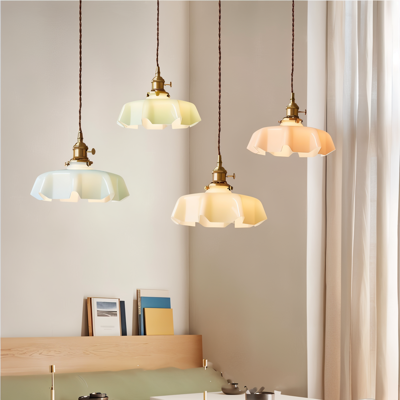 Bellevie – Retro Taklampa i Blomformad Krämfärgad Glasdesign