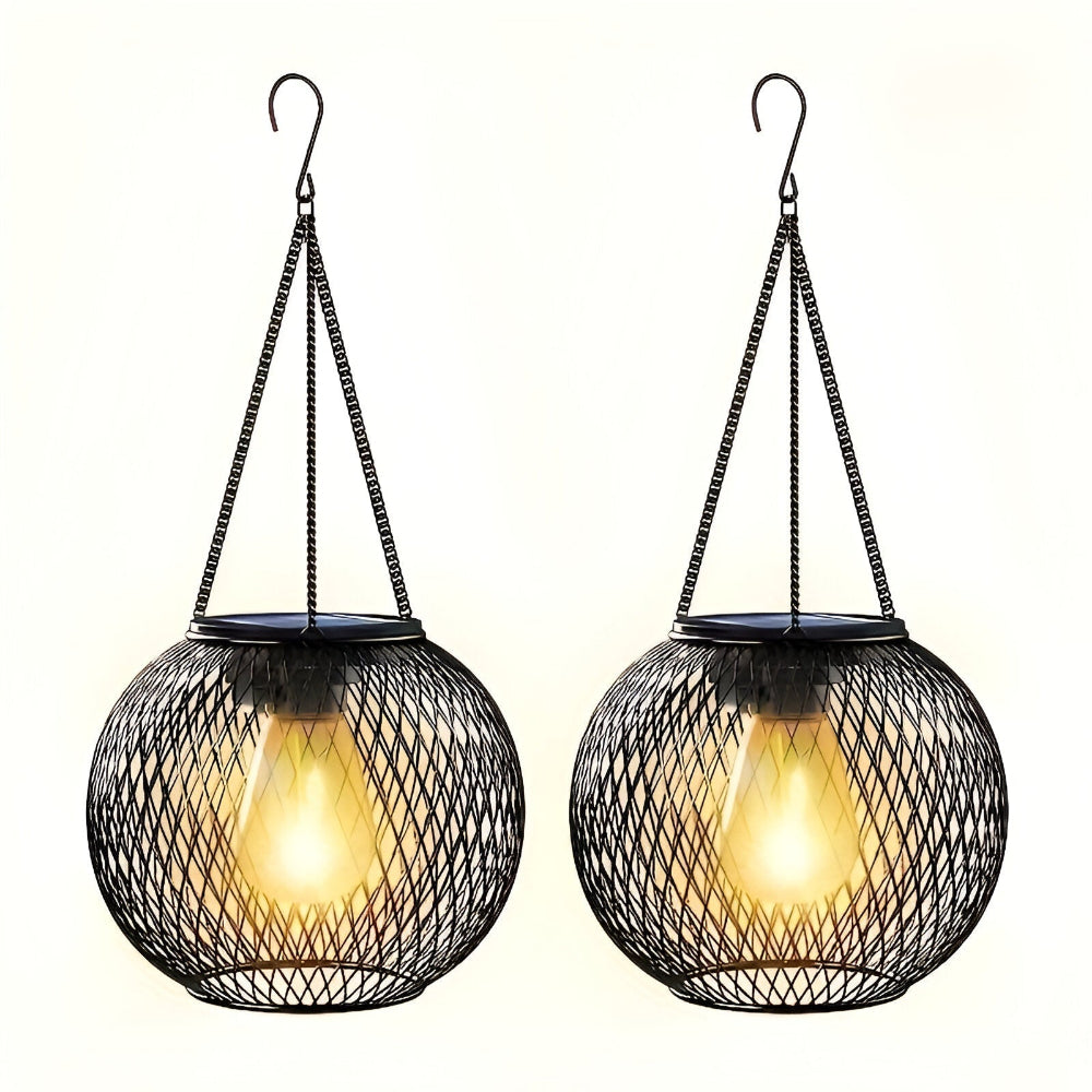 SolMesh Glow – Solcellsdriven Hänglykta i Metall med Nätstruktur