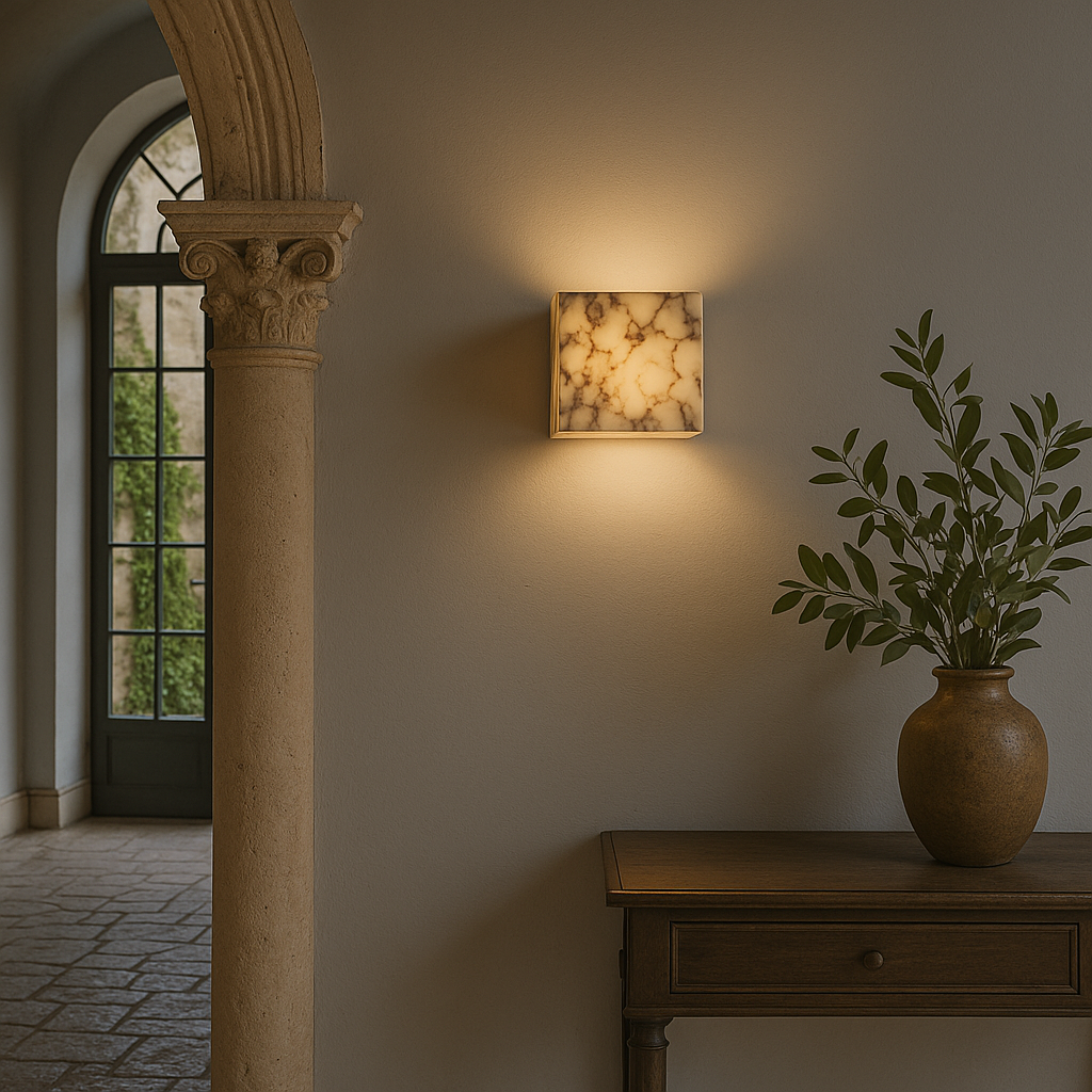 Kubformad vägglampa i marmor med LED-belysning