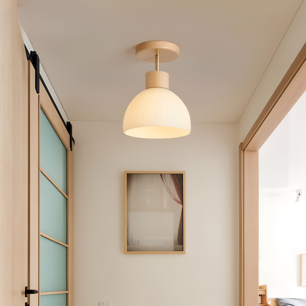 LjusAisle – Nordisk Ribbad LED Taklampa i Glas och Trä