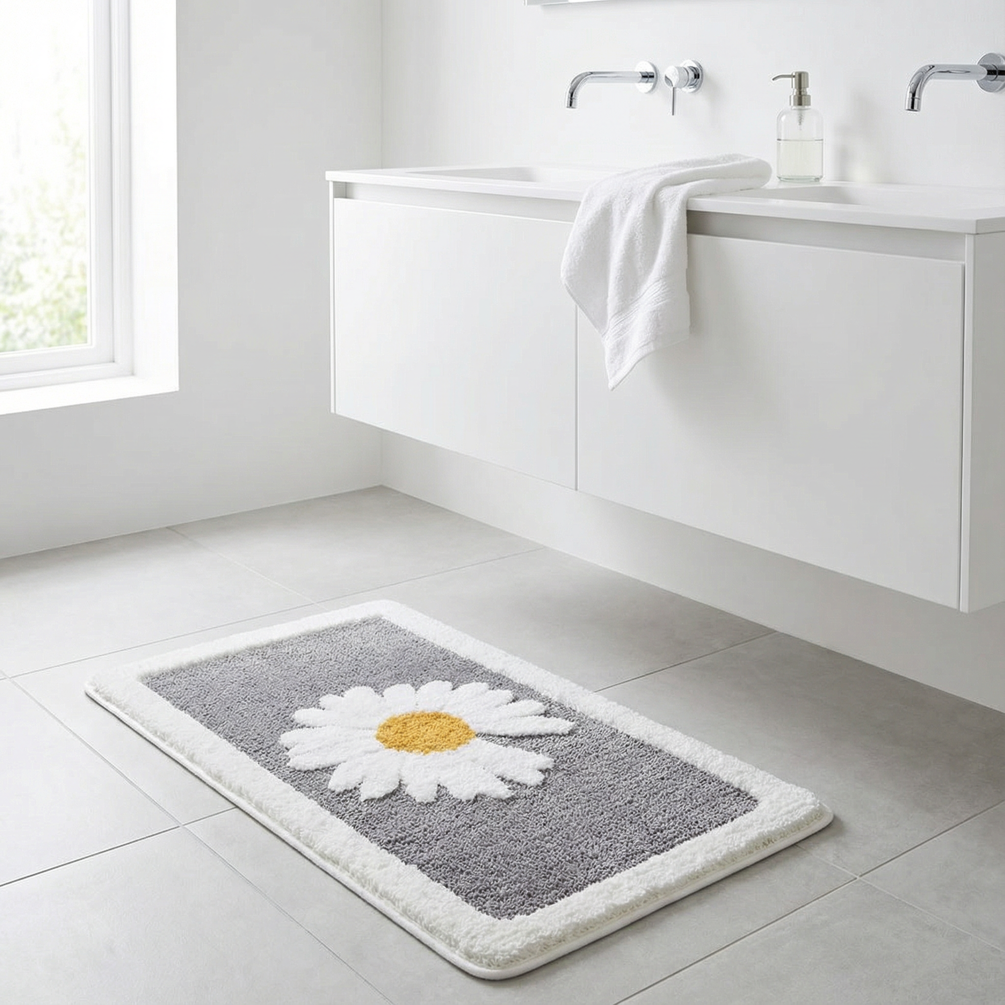 Mjuk blommig badrumsmatta med halkskydd
