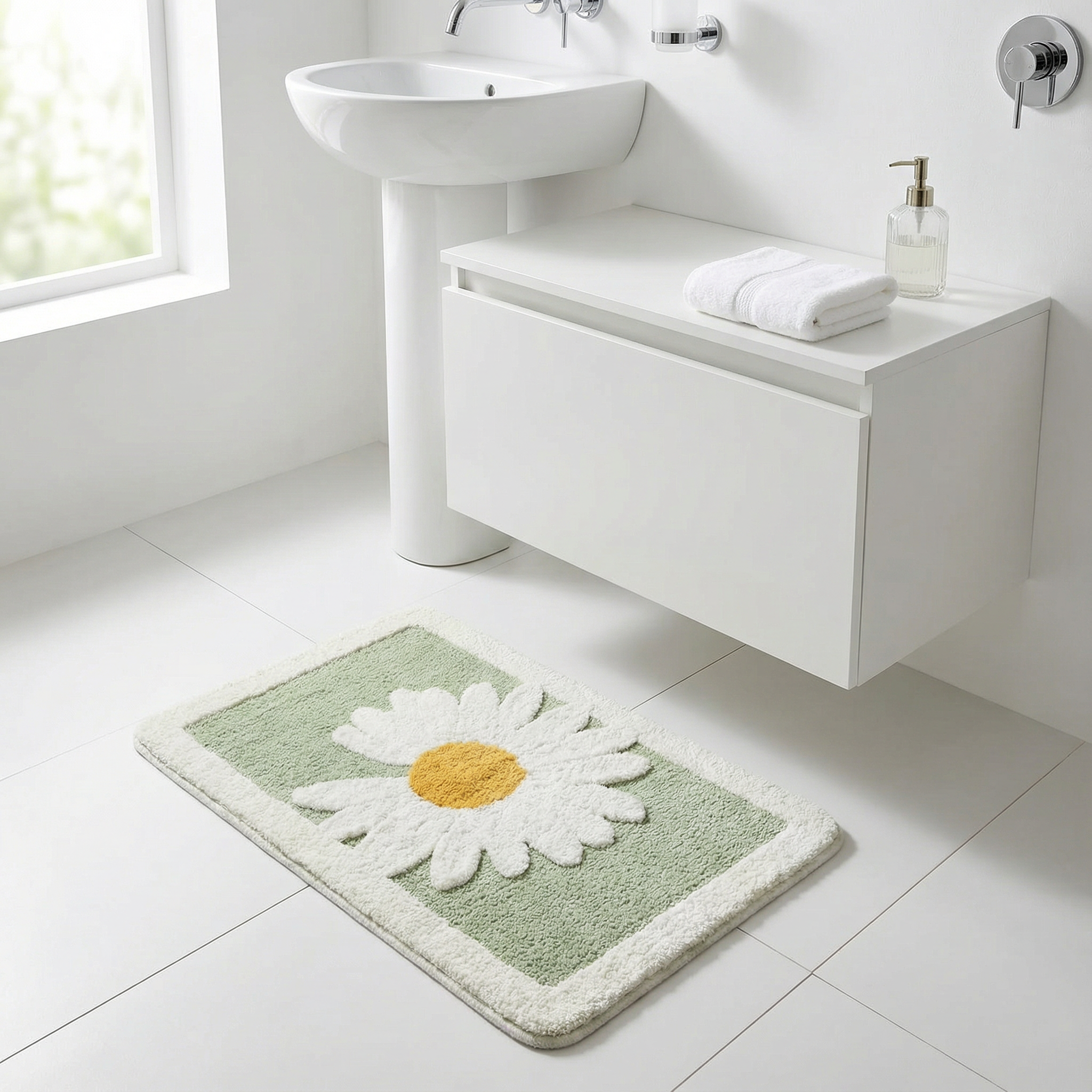 Mjuk blommig badrumsmatta med halkskydd
