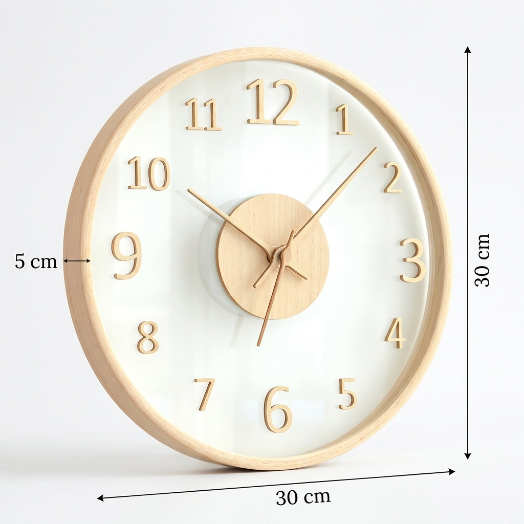 Tyst skandinavisk väggklocka i trä och glas – 30 cm