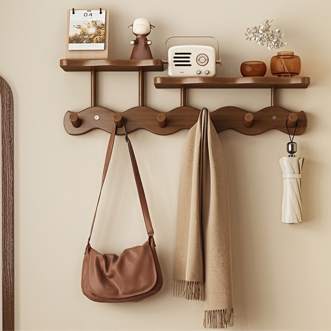 WallEase Hyll­kapprad – Väggmonterad Trähängare med Förvaringshylla