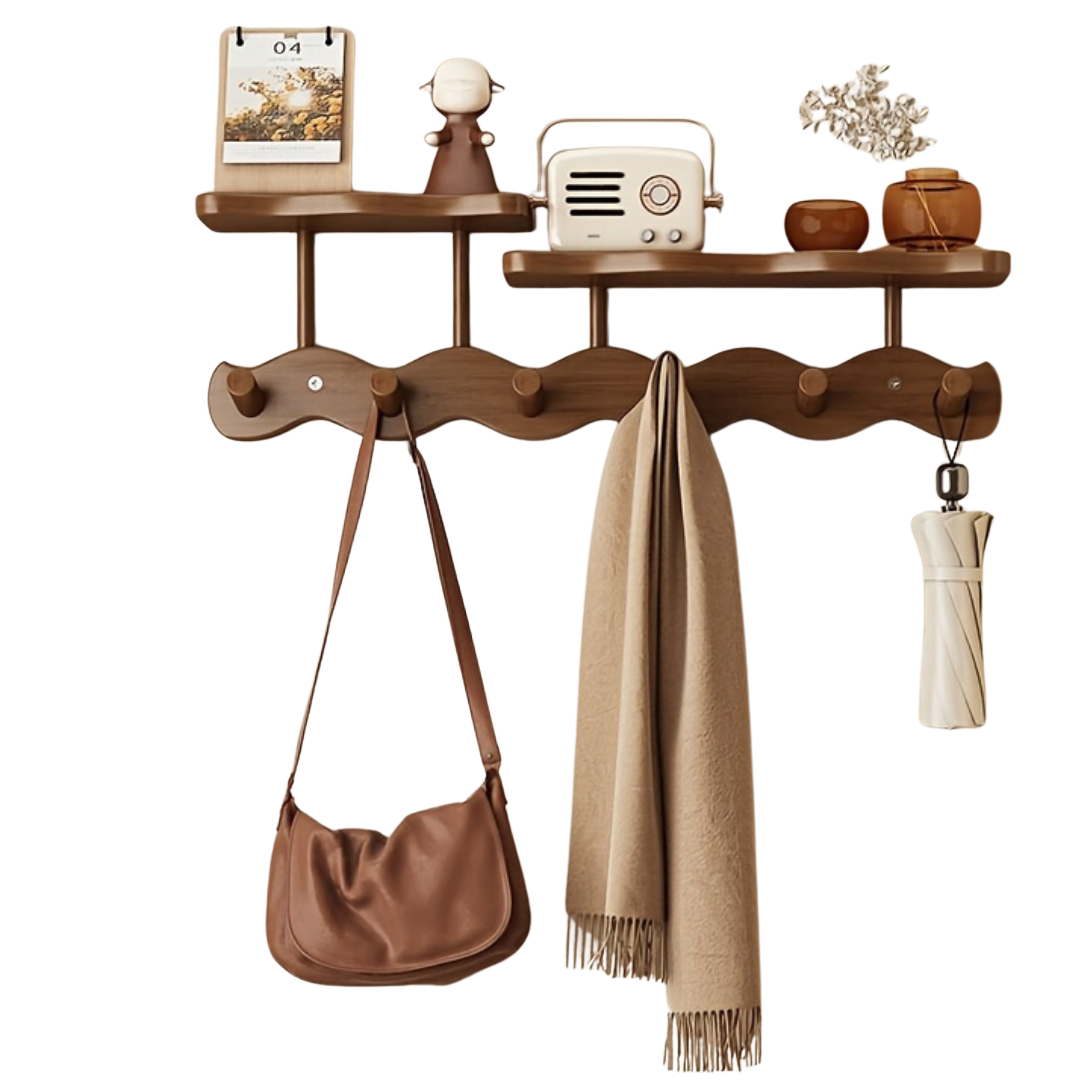 WallEase Hyll­kapprad – Väggmonterad Trähängare med Förvaringshylla