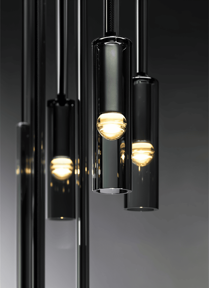 CrystalTube – Cylinderformad Pendellampa i Rökigt Glas