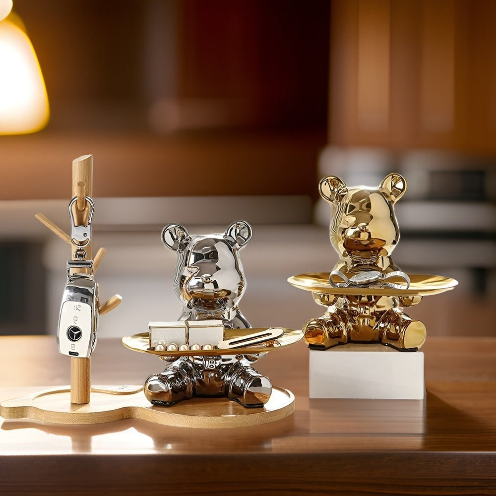 BearLuxe Bricka – Modern Keramisk Björnfigur med Elegant Displayfat