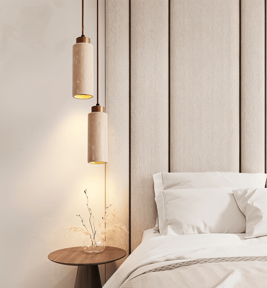 MarbLuxe – Cylindrisk Marmor Pendellampa med Koppardetaljer