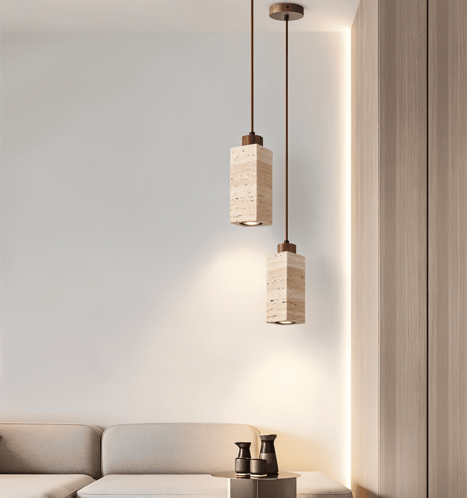 MarbLuxe – Cylindrisk Marmor Pendellampa med Koppardetaljer