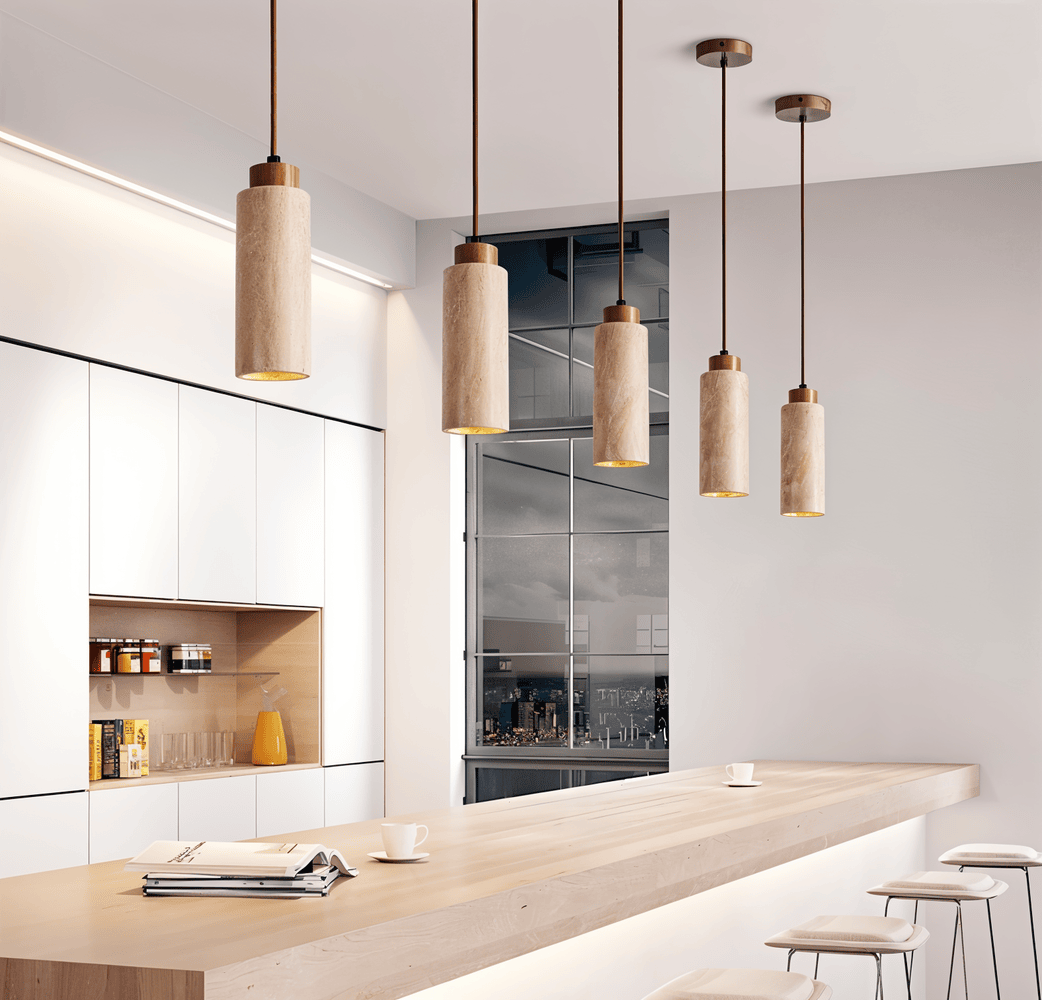 MarbLuxe – Cylindrisk Marmor Pendellampa med Koppardetaljer