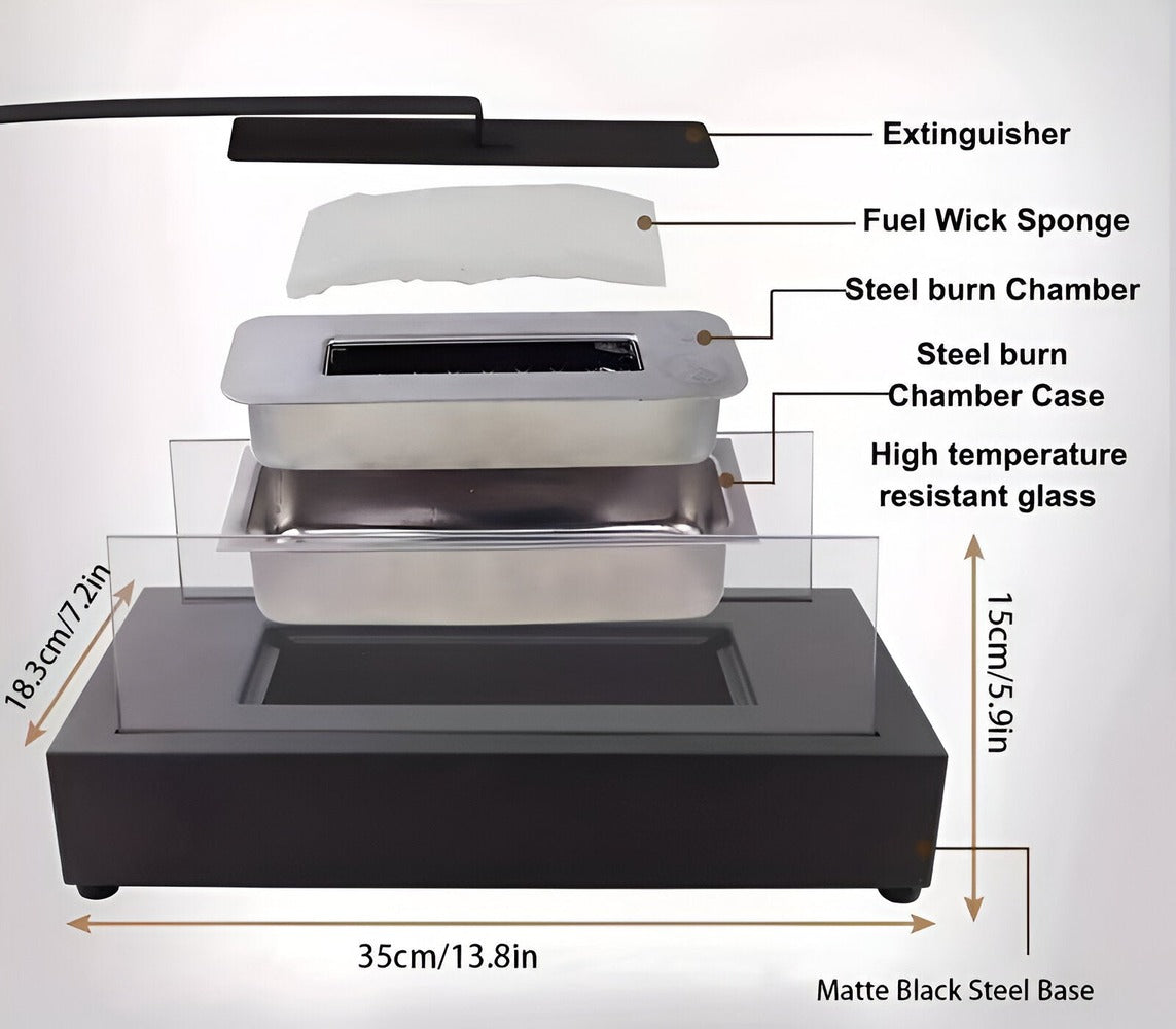 FlameLounge BioFire – Rektangulär Bordseldstad i Glas & Metall