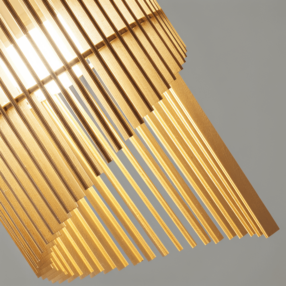 SpiraWood – Konstnärlig Cylindrisk Taklampa i Trä