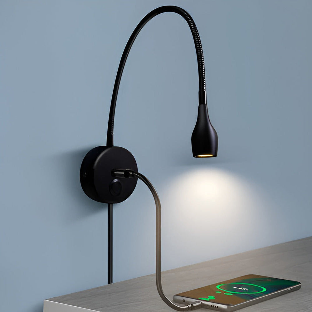 LumiBend – Vägglampa med Touchkontroll, Svanhals och USB-laddare