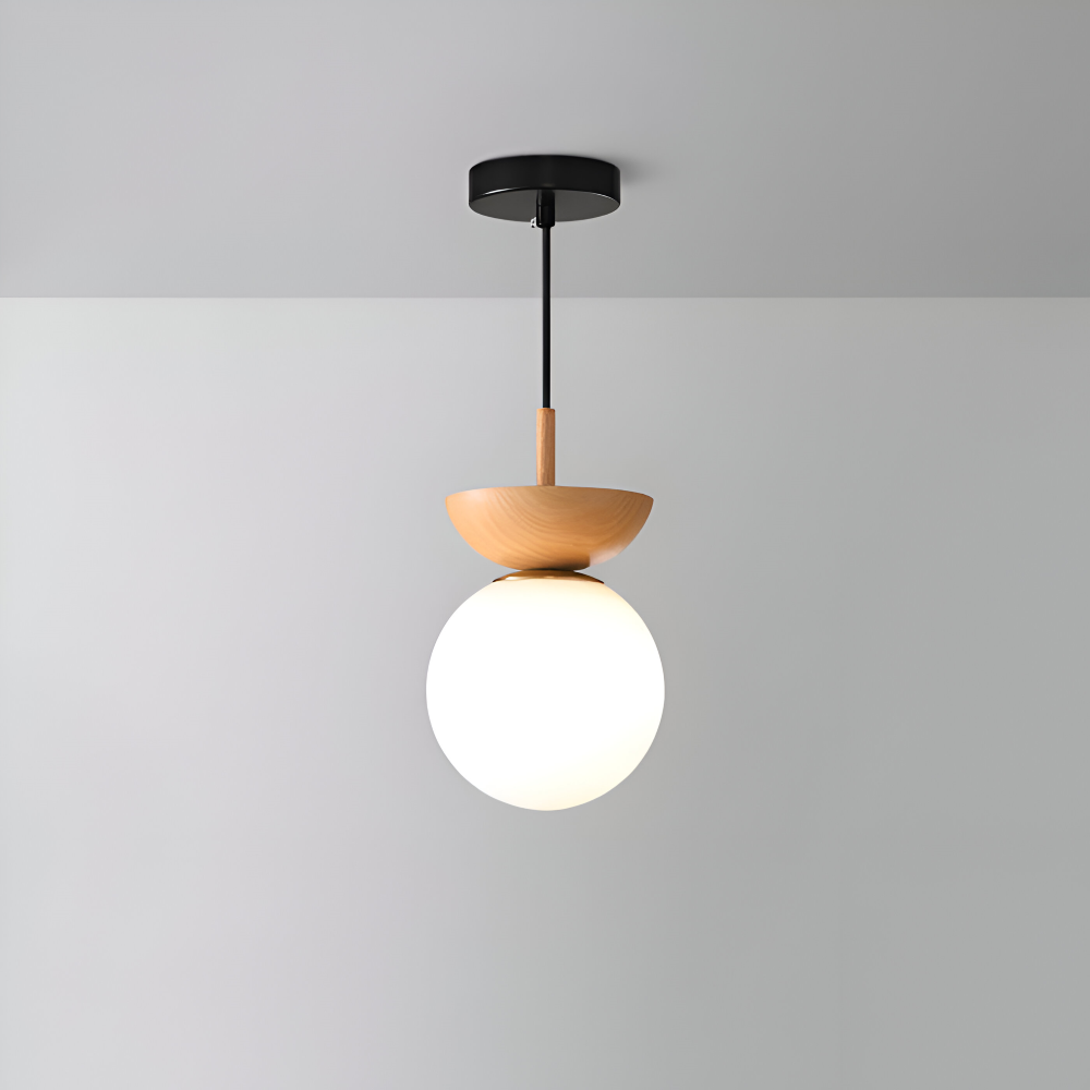 Kiyora – Japansk LED-Taklampa med Pärlformad Glaskupa och Träram