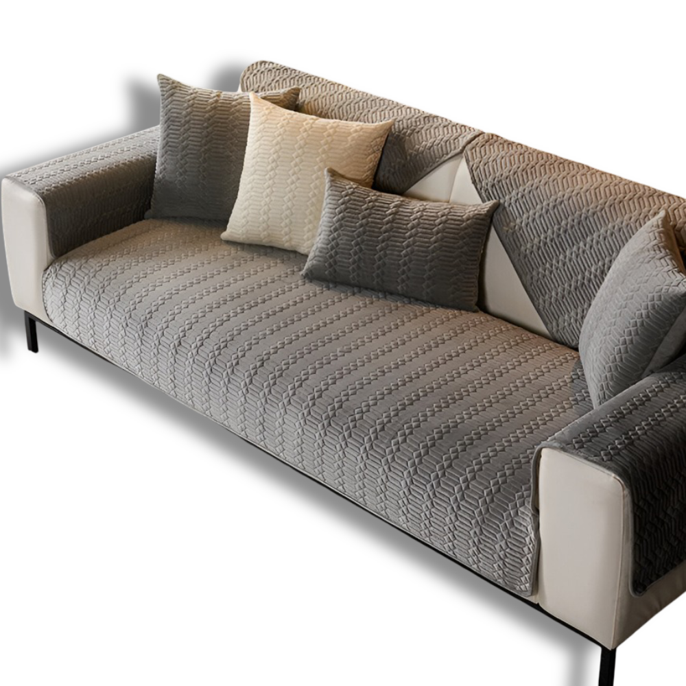 VelvetGuard Luxe – Svart Plyschigt Halkfritt Sofföverdrag med Geometrisk Struktur