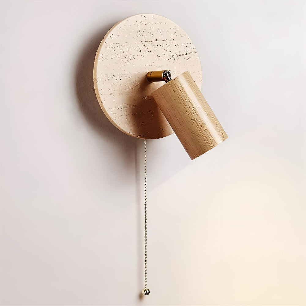 LumoStone – Mini Rund LED Vägglampa | Svängbar Vägglampa i Travertin & Trä